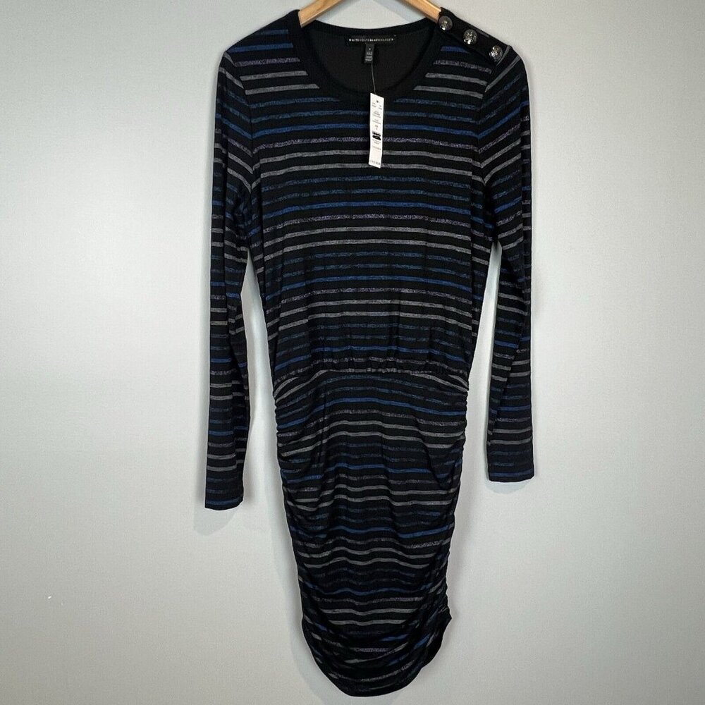 WHBM Long Sleeve Lurex Mini Dress Black‎ Navy Metallic Stripe Small NWT
